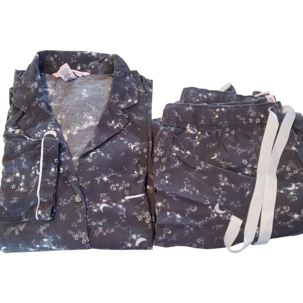 Victoria's Secret Pajama‎ Set Womens Small Gray Moon Star Print Button Up Dreamy
